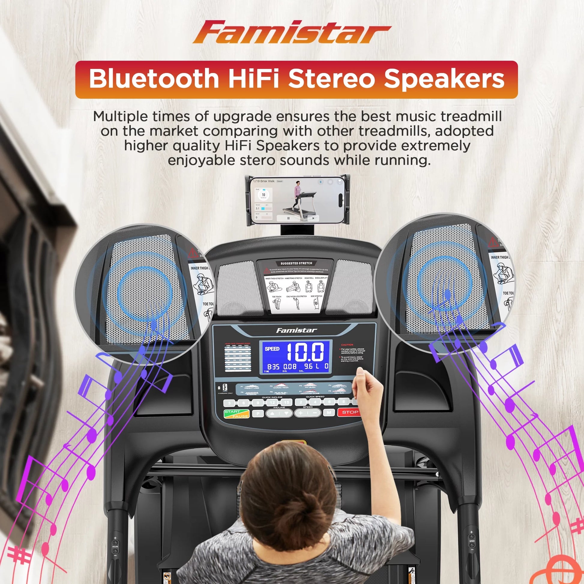 4.5HP Folding Treadmill for Home with 15 Auto Incline, Smart APP, 300Lbs, Hifi Bluetooth Speakers, 64 Programs, 10MPH Speed, Foldable Eletreadmill Running Machine, Knee Strap Gift