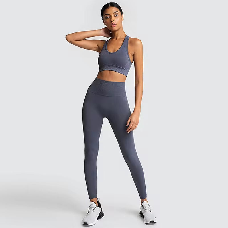 2Pcs Seamless Hyperflex Workout Sport Outfits for Women Sportswear Athletic Clothes Gym Long Sleeve Crop Top High Waist Leggings